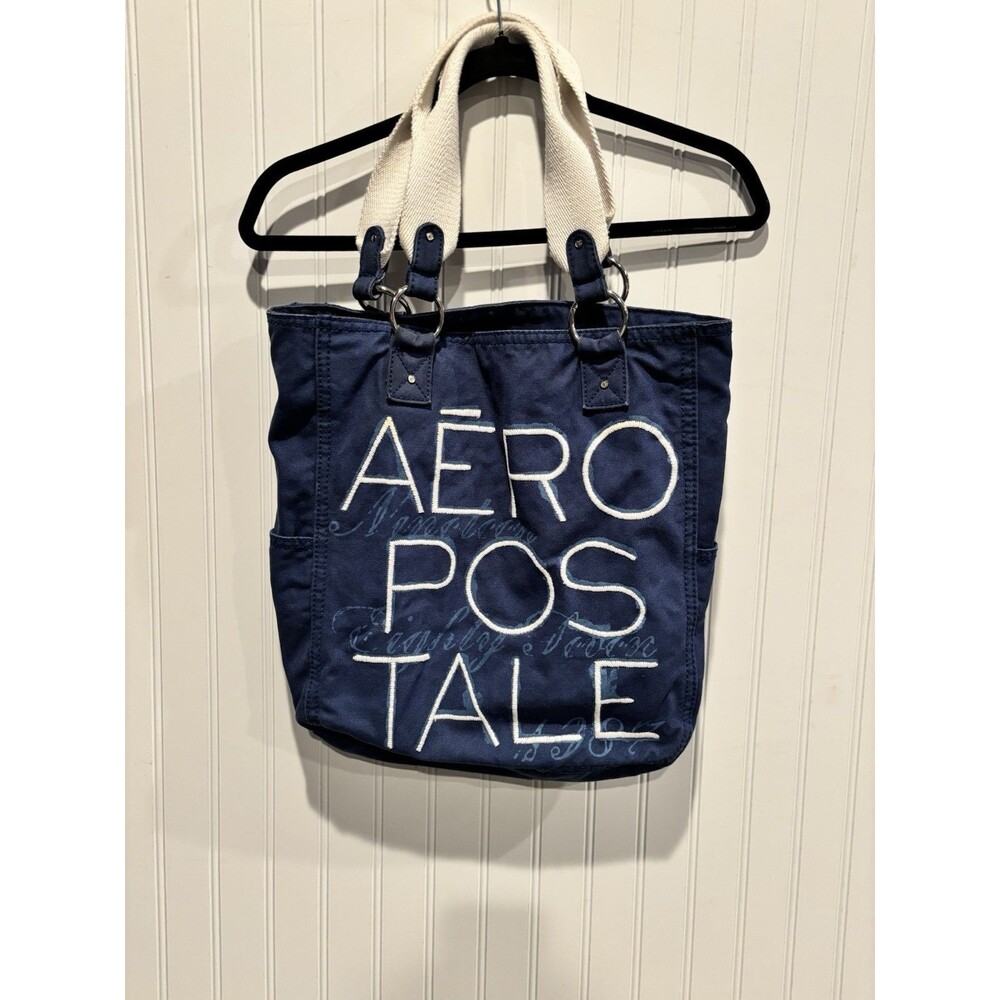 Aeropostale Vintage Tote Bag Blue Cotton Embroidered Double Handle Y2K Retro